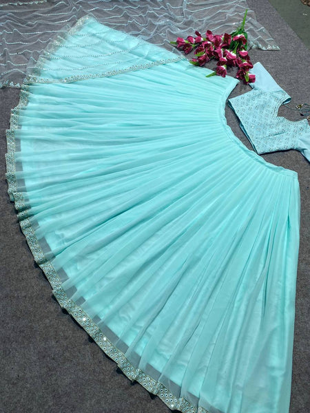 Light Cyan Colour Embroidered Attractive Party Wear Georgette Lehenga Choli