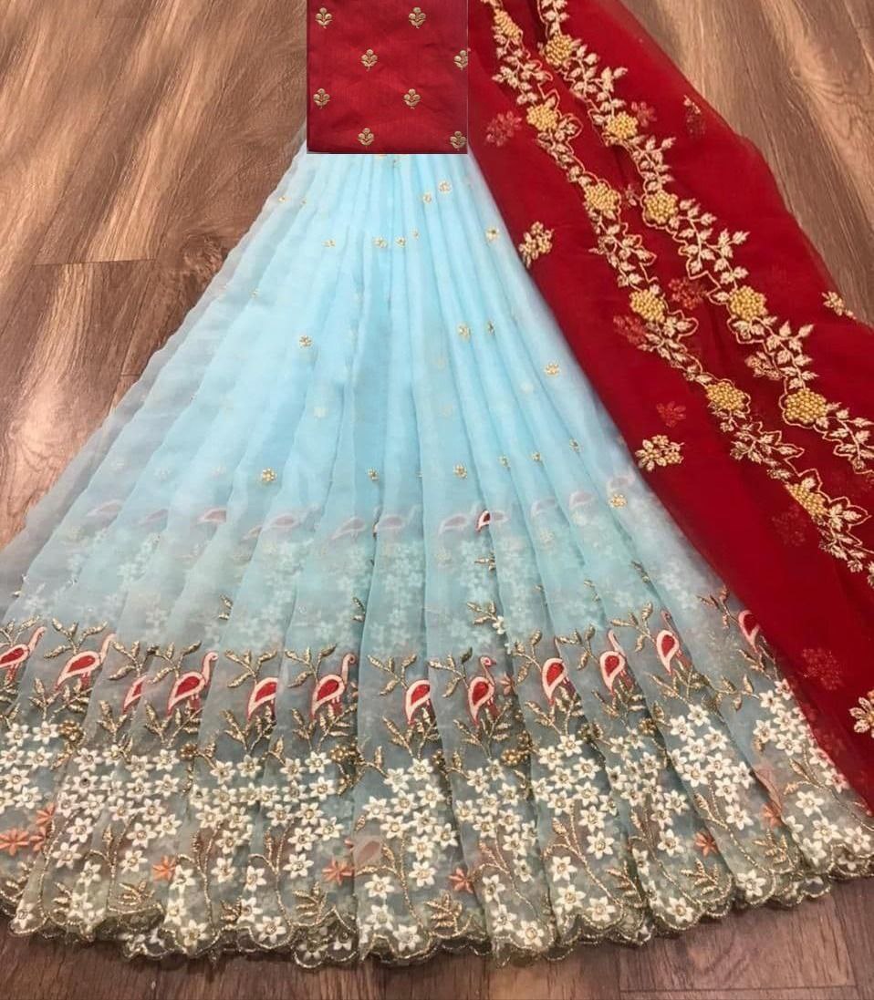 Trendy Orange Color Wedding Wear Zari Cut Thread Work Organza Lehenga Choli