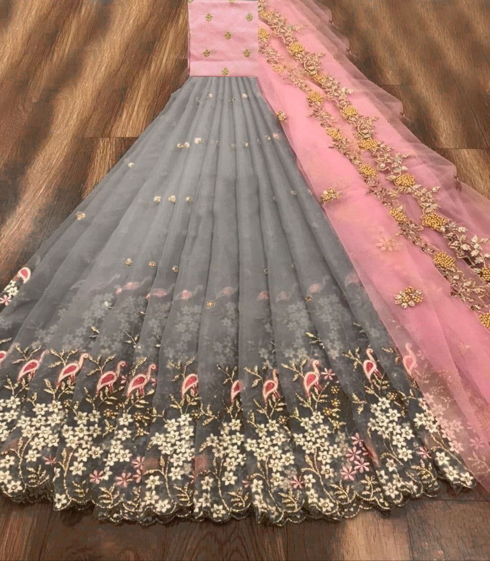 Trendy Orange Color Wedding Wear Zari Cut Thread Work Organza Lehenga Choli