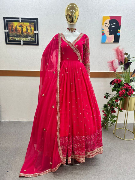 Stunning Pink Fox Georgette Embroidered Gown with Dupatta | Full Stitched