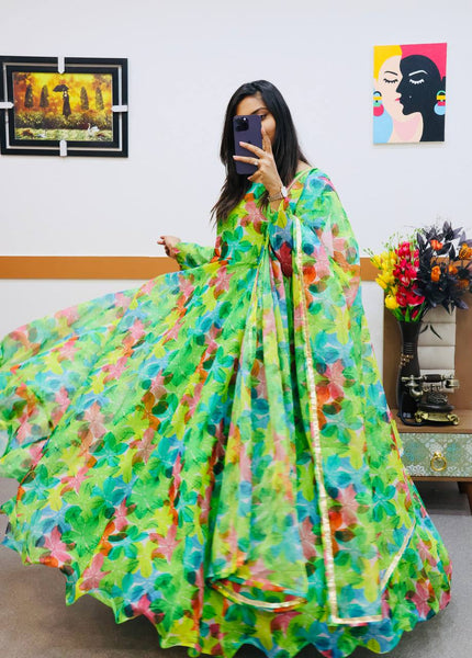 Green Organza Printed Gown with Micro Inner 58 Inch Length 8 Mtr Flair and Dupatta-Fully Stitched