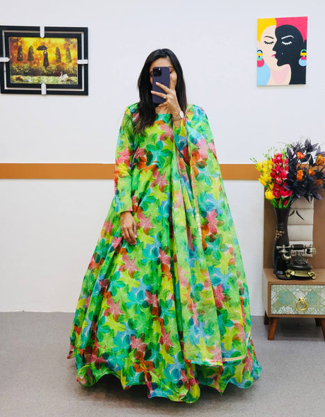 Green Organza Printed Gown with Micro Inner 58 Inch Length 8 Mtr Flair and Dupatta-Fully Stitched