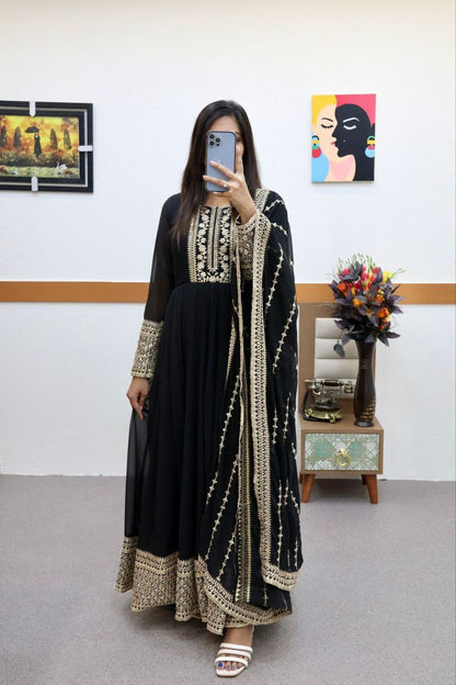 Sequin Coding Embroidered Gown with Fox Georgette Fabric, Flared Bottom, and Matching Dupatta - Perfect for Formal Occasions