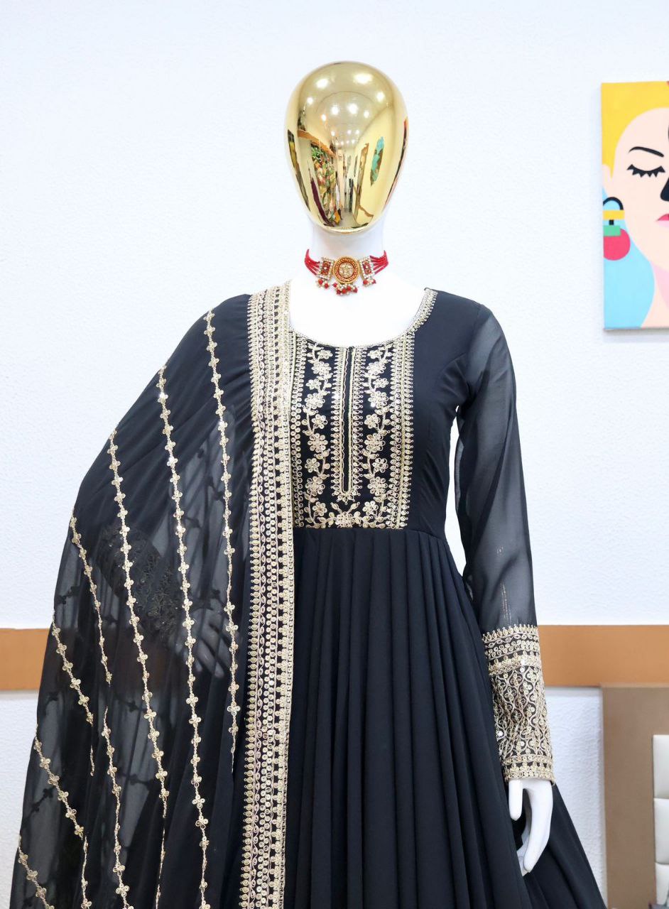 Sequin Coding Embroidered Gown with Fox Georgette Fabric, Flared Bottom, and Matching Dupatta - Perfect for Formal Occasions