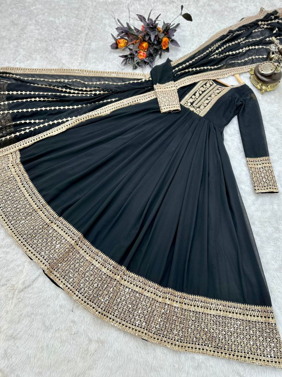 Sequin Coding Embroidered Gown with Fox Georgette Fabric, Flared Bottom, and Matching Dupatta - Perfect for Formal Occasions