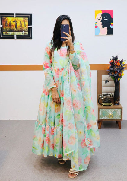 Fully Stitched Sky Organza Printed Gown