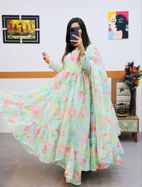 Fully Stitched Sky Organza Printed Gown