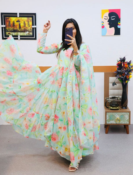 Fully Stitched Sky Organza Printed Gown