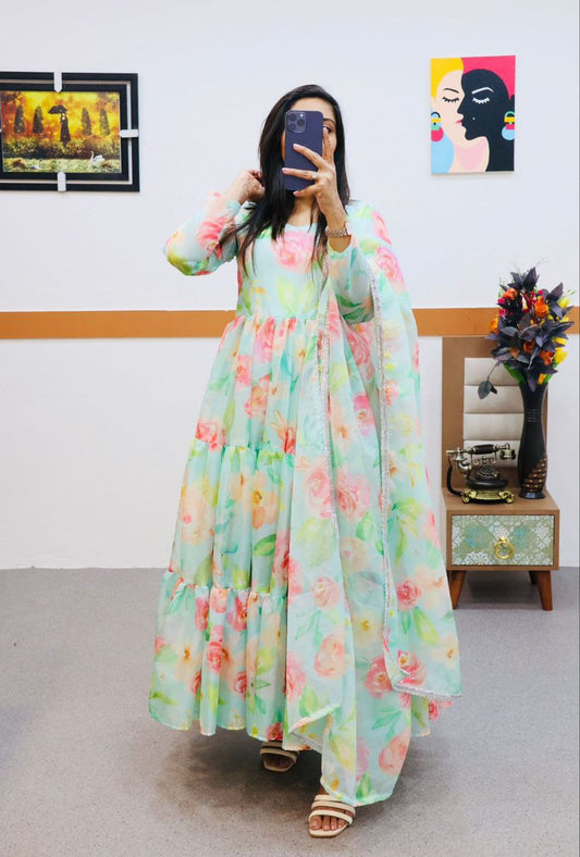 Fully Stitched Sky Organza Printed Gown