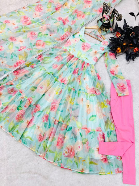 Fully Stitched Sky Organza Printed Gown