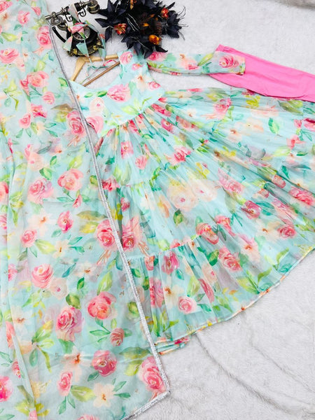 Fully Stitched Sky Organza Printed Gown