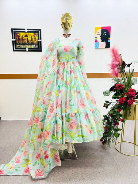 Fully Stitched Sky Organza Printed Gown