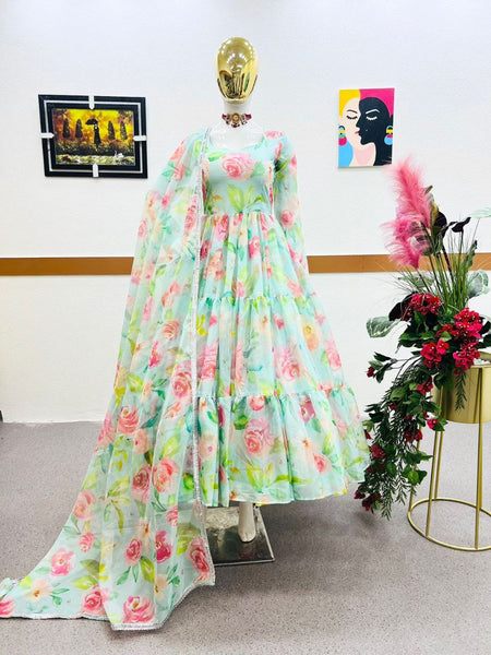 Fully Stitched Sky Organza Printed Gown
