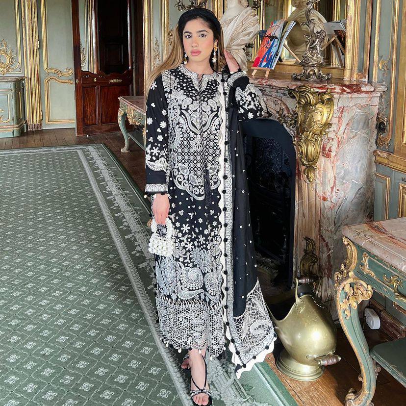 Black color Fox Georgette Embroidered Top, Pant & Dupatta Set