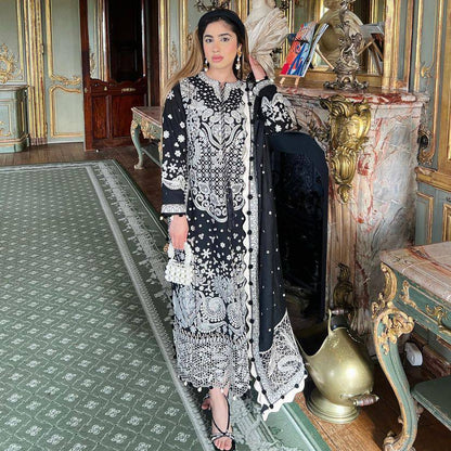 Black color Fox Georgette Embroidered Top, Pant & Dupatta Set