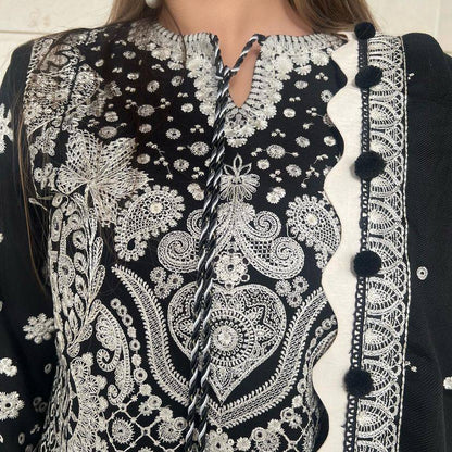 Black color Fox Georgette Embroidered Top, Pant & Dupatta Set