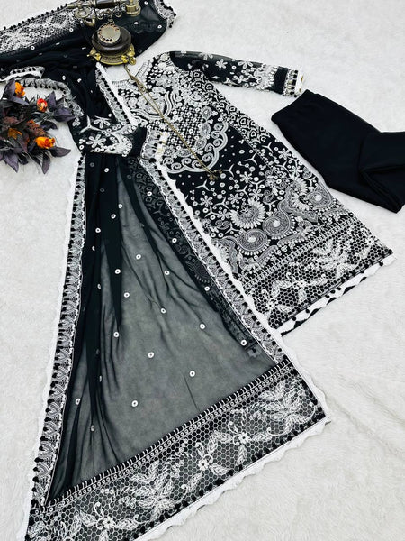 Black color Fox Georgette Embroidered Top, Pant & Dupatta Set