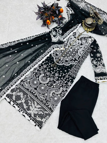 Black color Fox Georgette Embroidered Top, Pant & Dupatta Set