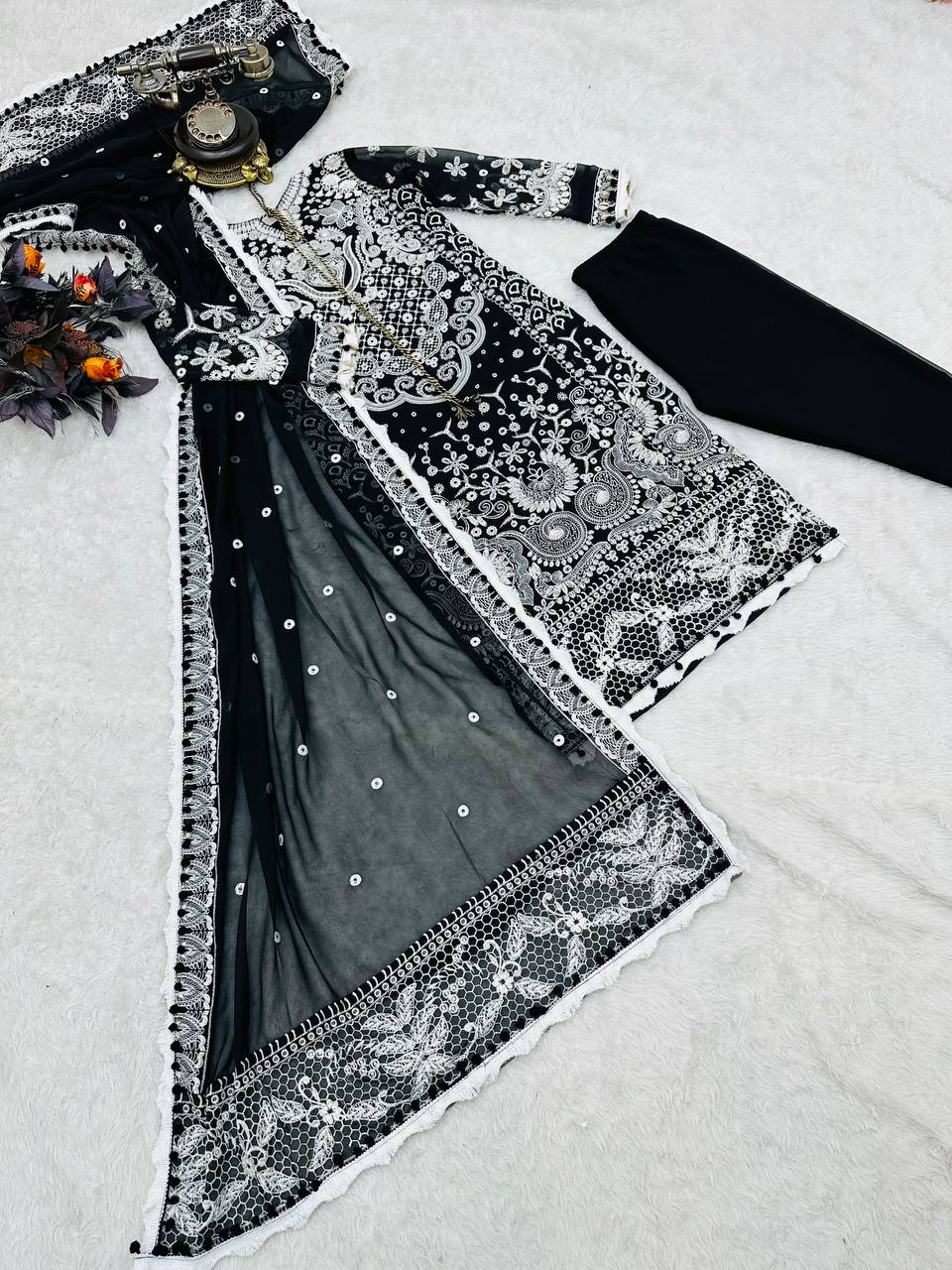 Black color Fox Georgette Embroidered Top, Pant & Dupatta Set