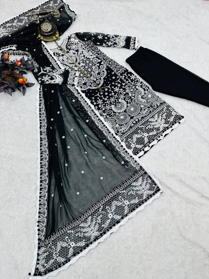 Black color Fox Georgette Embroidered Top, Pant & Dupatta Set