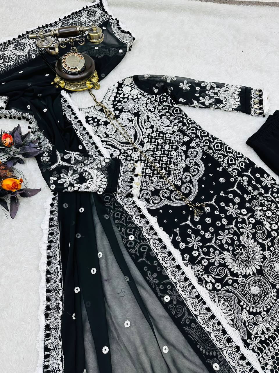 Black color Fox Georgette Embroidered Top, Pant & Dupatta Set