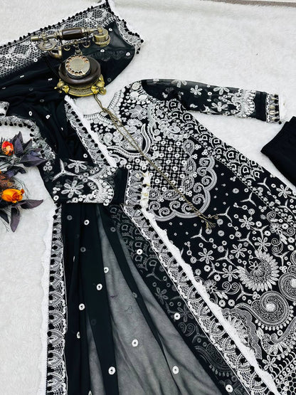Black color Fox Georgette Embroidered Top, Pant & Dupatta Set