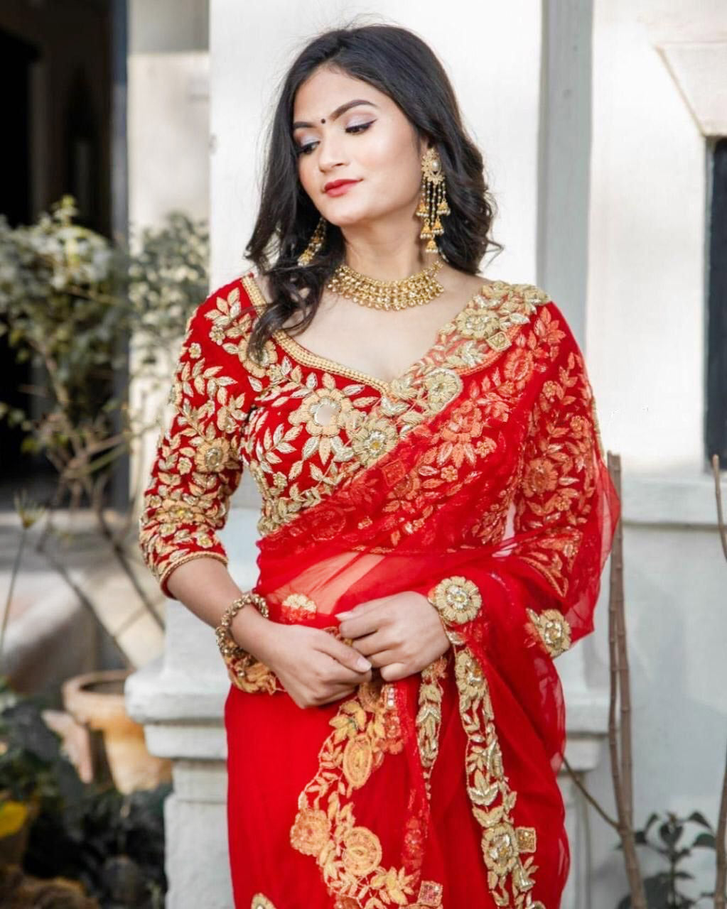 Stunning Designer Red color net Latest saree Blouse for women