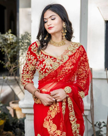 Stunning Designer Red color net Latest saree Blouse for women