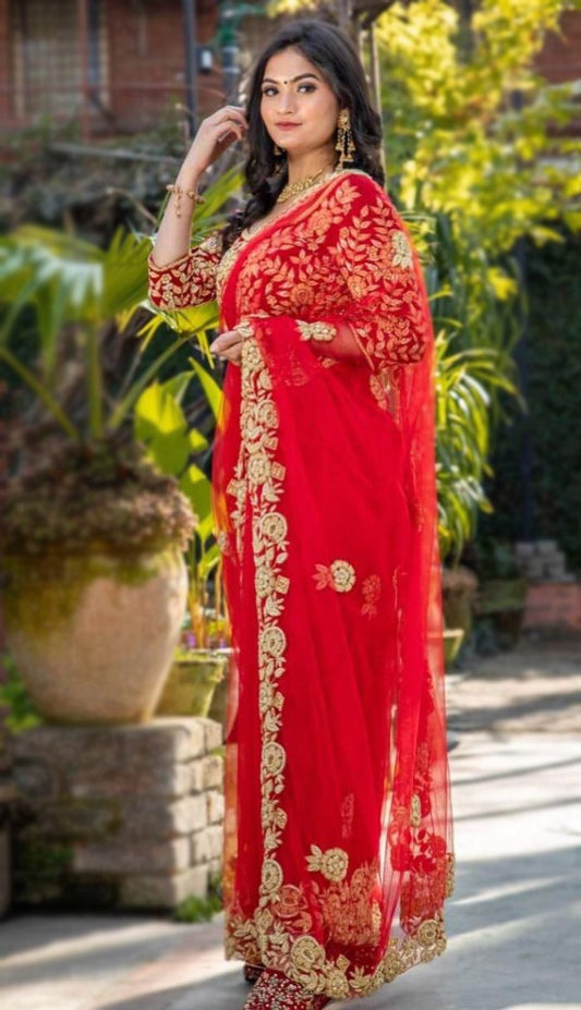 Stunning Designer Red color net Latest saree Blouse for women