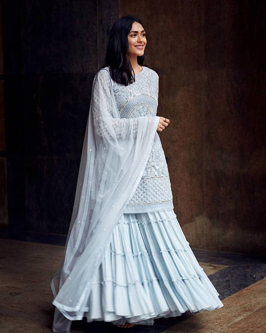 Party Wear Blue Color Designer Embroidered Sharara Plazzo Suit For Women
