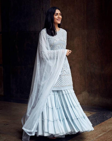 Party Wear Blue Color Designer Embroidered Sharara Plazzo Suit For Women