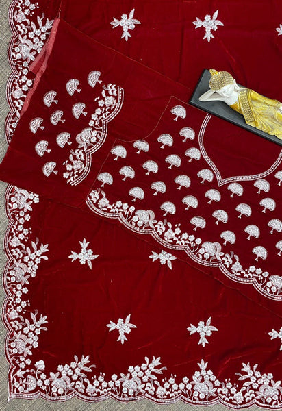 Classy Maroon Color Velvet Embroidered Cut Work Saree Blouse