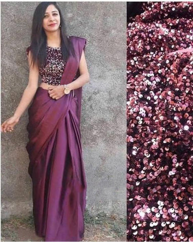 Wine Color Satin Saree With Sequence Embroidered Blouse