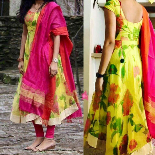 Stunning Fancy Wear Yellow Long Frock Gown With Dupatta
