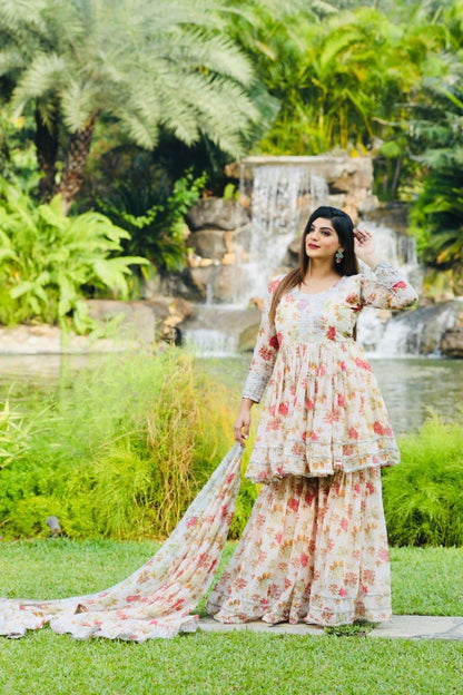 Designer Flower Printed Top Plazzo Sharara Suit For Women