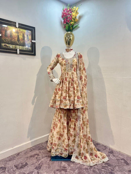 Designer Flower Printed Top Plazzo Sharara Suit For Women