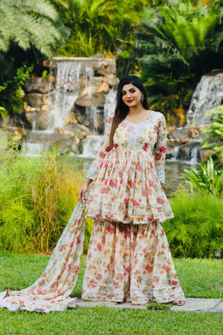 Designer Flower Printed Top Plazzo Sharara Suit For Women